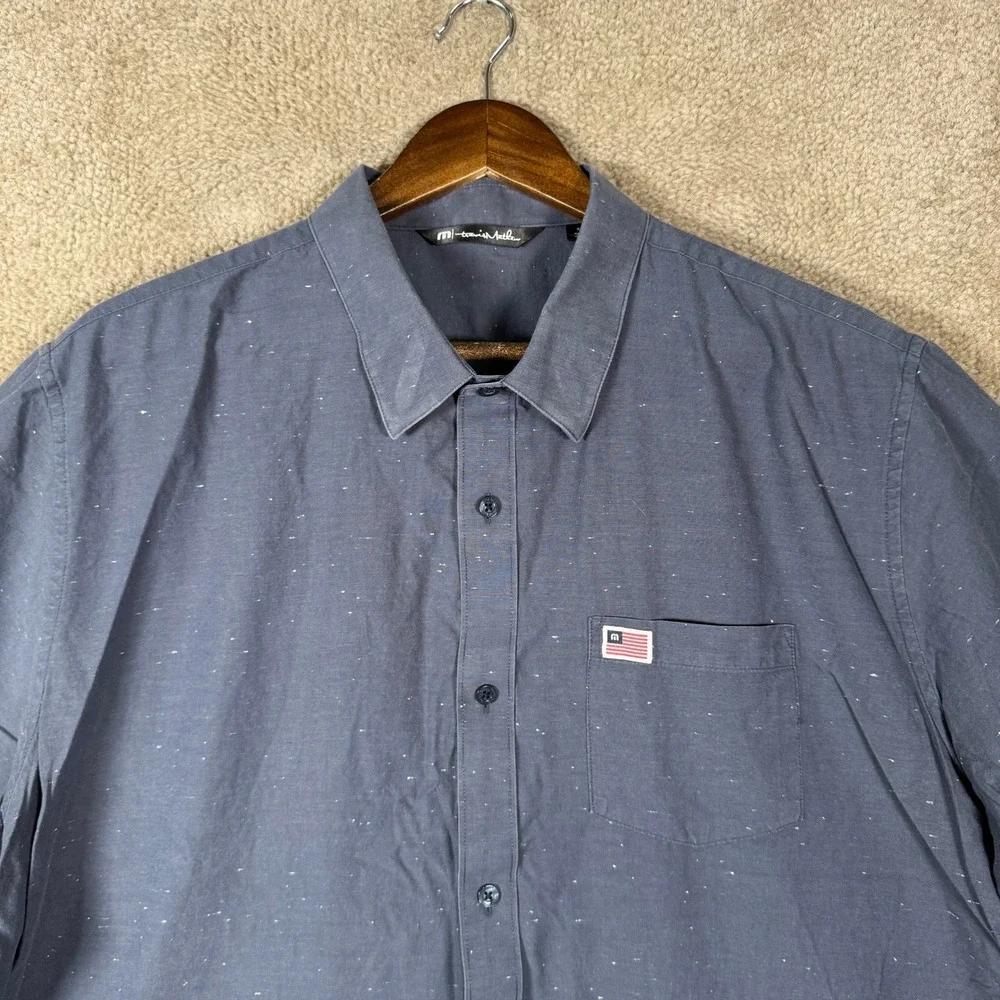 TravisMathew Button Down Shirt Mens XXL Blue USA Flag Logo Short Sleeve Golf
